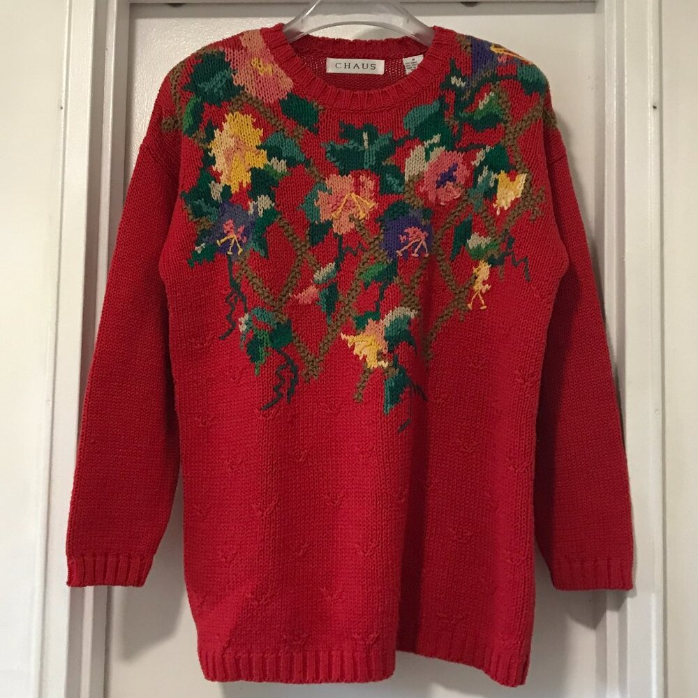 Chaus Vintage Red Floral Pattern Knit Crew neck Long sleeve Sweater Medium
